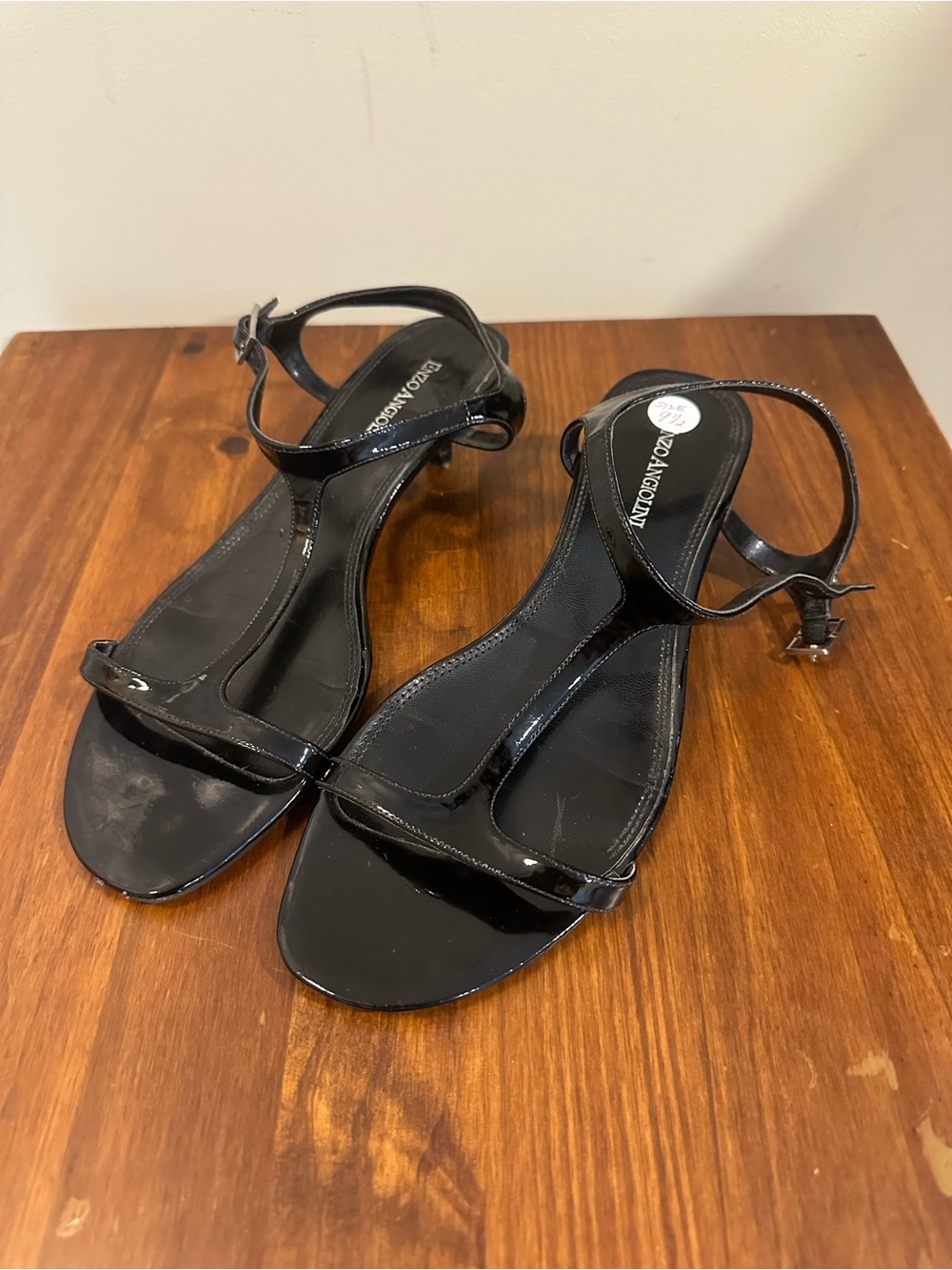 Enzo Angiolini Black Patent T-Strap Sandals with Ankle Buckle